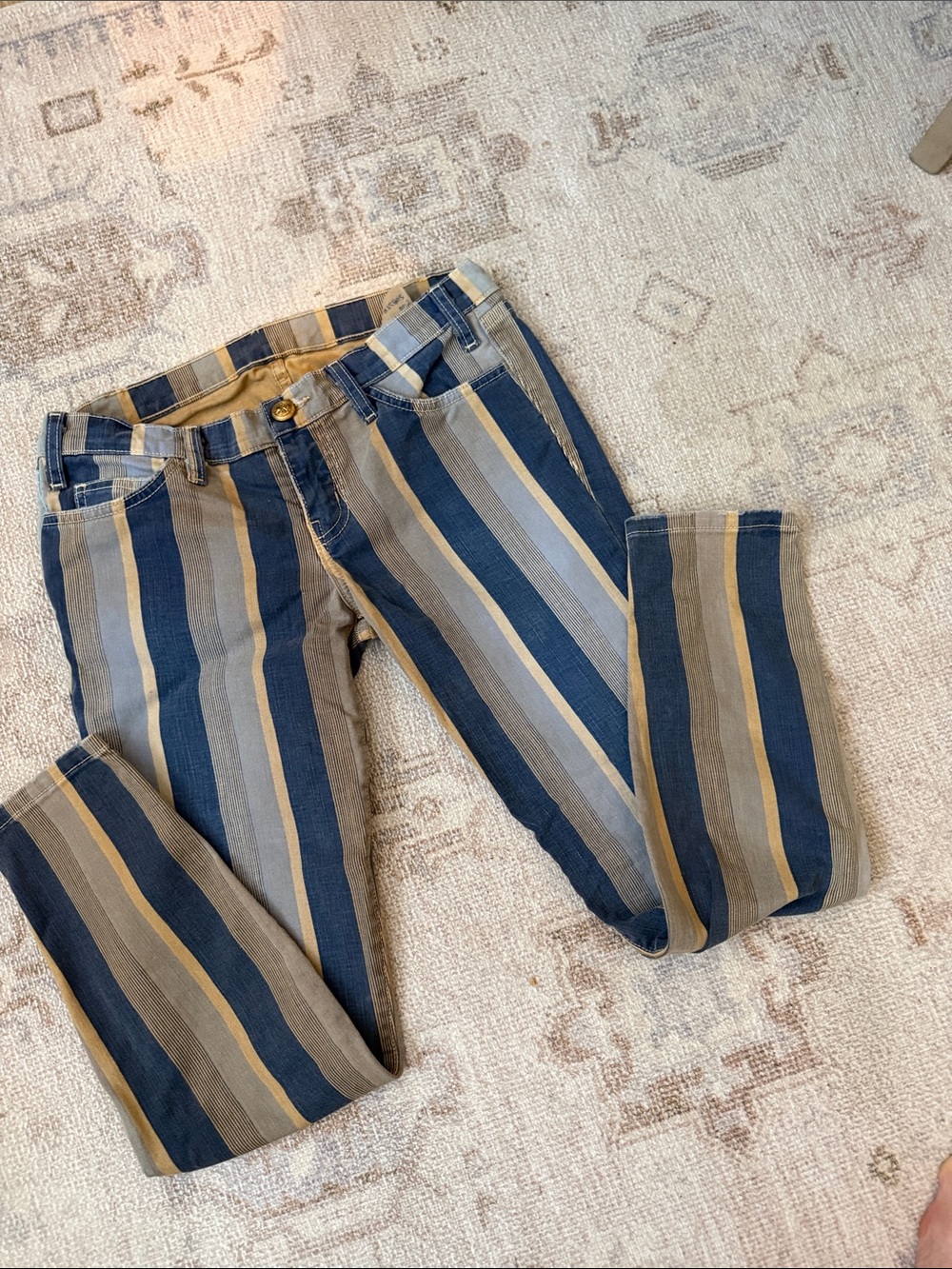 Striped Low Rise Women’s Jeans in Navy, Gray & Tan
